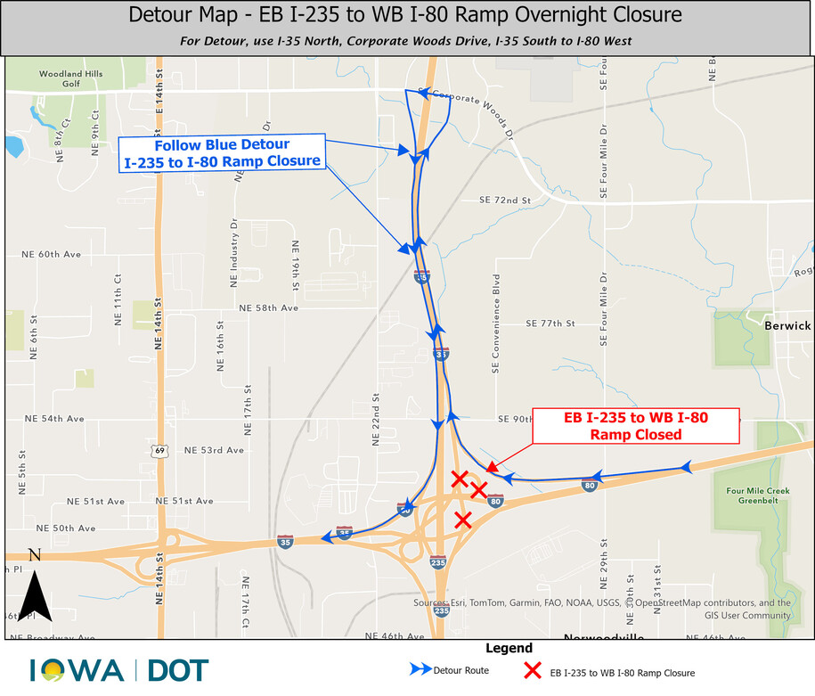 Overnight ramp closures at the Northeast Mixmaster in Des Moines